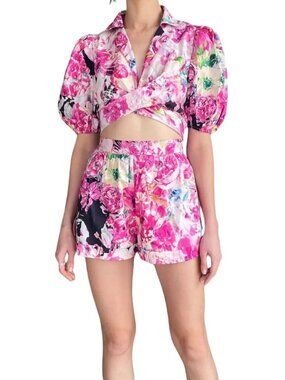 ROCOCO SAND Tessa Pink Floral Cotton Puff Sleeve Wrap Top Shorts Set, Size S